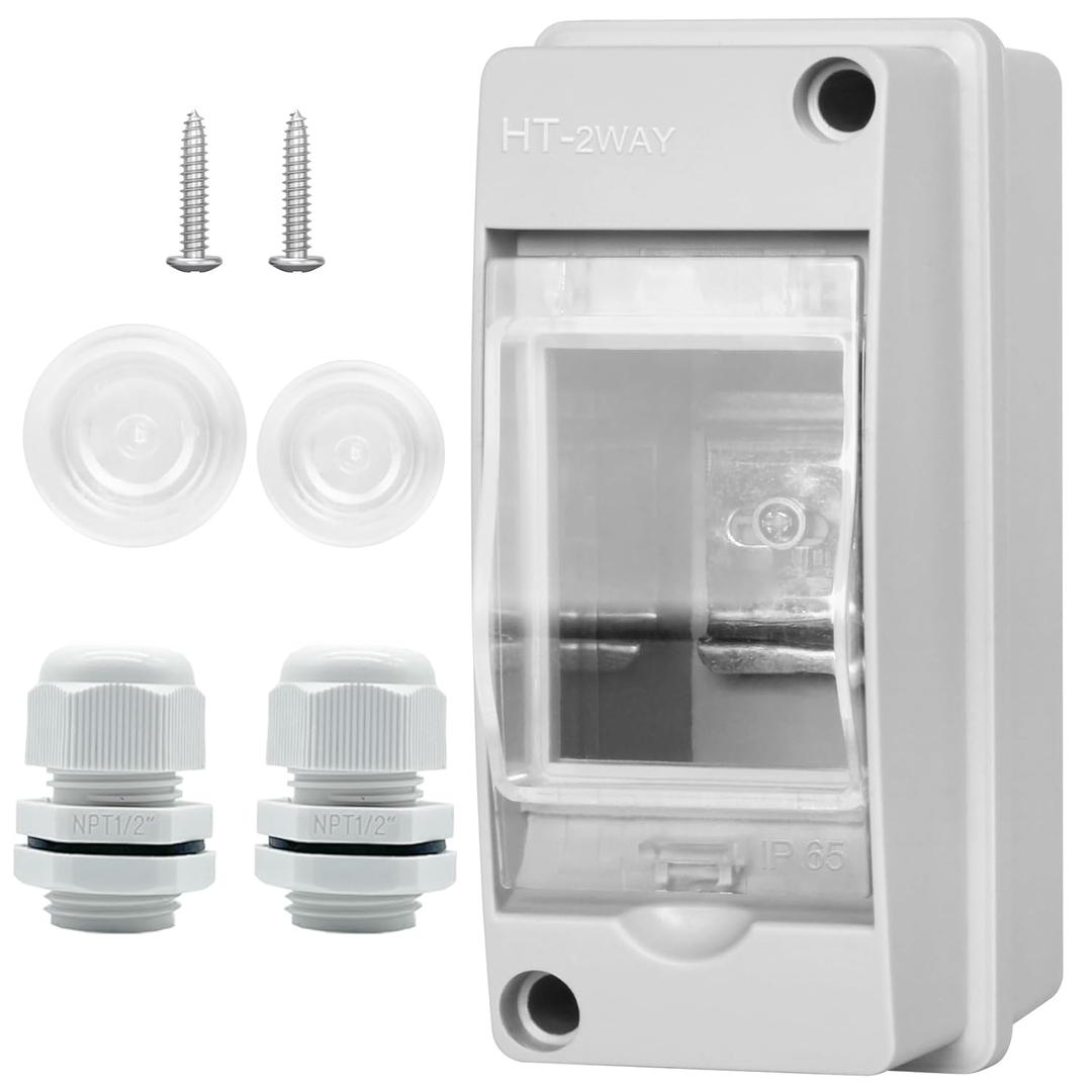 Waterproof Distribution Protection Box, ABS Plastic Breaker Electrical Box and Transparent Cover IP65, for Indoor Outdoor Wall Circuit Breaker (HT-2WAY) (HT-2WAY(2.4x3.7x4.9 IN))