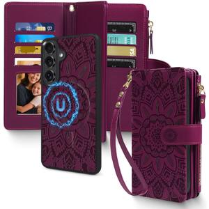 Harryshell 2 in 1 for Samsung Galaxy S26 Plus Wallet Case Magnetic Compatible with Magsafe RFID Blocking Card Holder Detachable Phone Cover Zipper Purse Kickstand Wrist Strap for Men Floral Burgundy