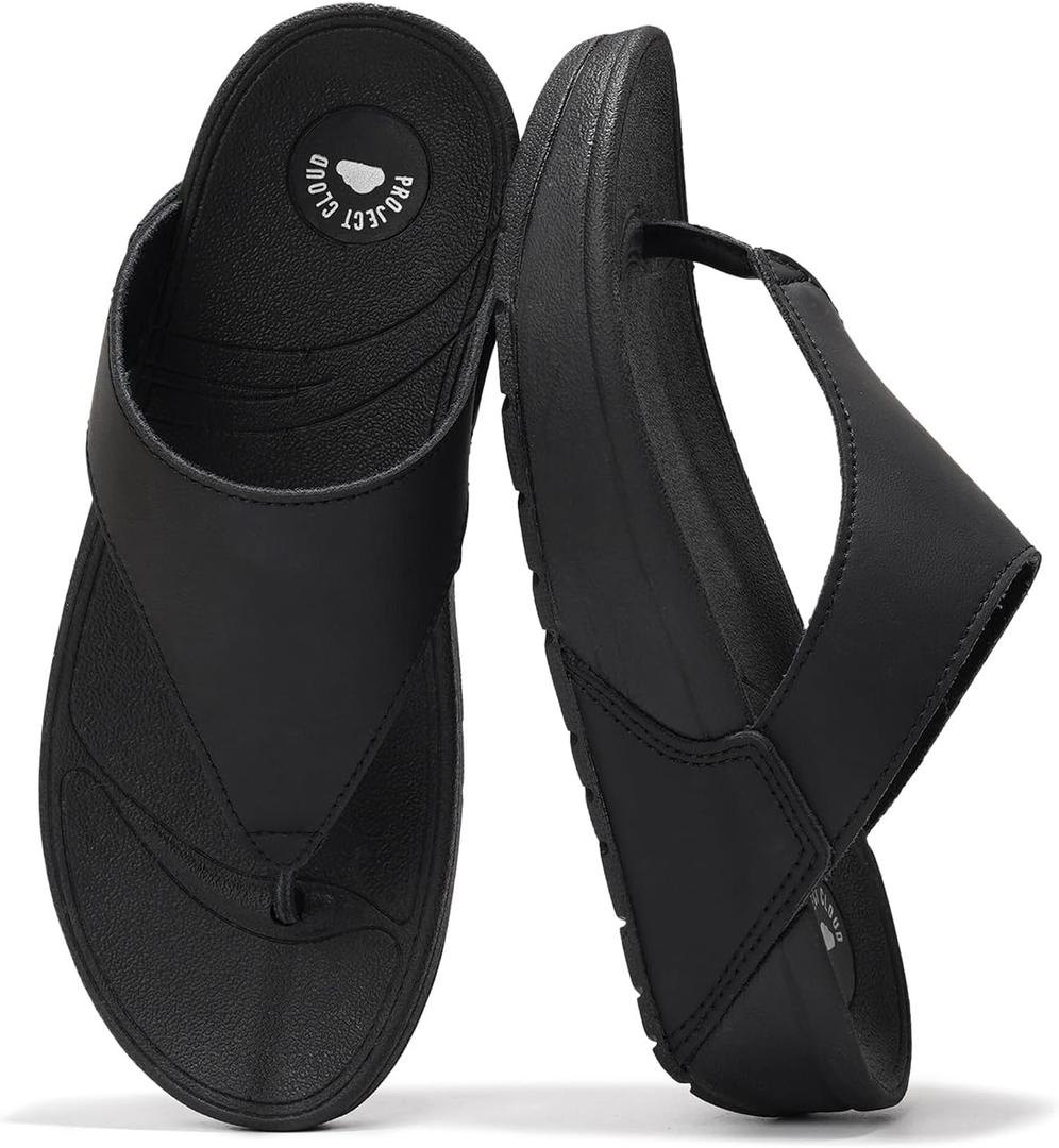Project Cloud Womens Thong Comfortable Memory Foam Platform Sandals & Flip flops Non Slip Footwear, Leather Sandals for Women 2025 (Arlee) (6, Black)