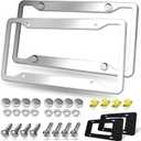 BGGTMO Stainless Steel License Plate Frames- 2 Pack Heavy Duty Polished Mirror Car Tag Cover with Chrome Screws Caps, 4 Holes Front & Rear Holders with Fasteners, Inserts, Rust/Rattle Proof Pads