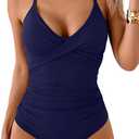 B2prity Women's One Piece Swimsuits Tummy Control Front Cross Bathing Suits Tie Back Slimming V Neck Swimwear (Medium)