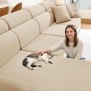 YEMYHOM Couch Cushion Covers for Sofa, Stretch Sectional Couch Seat Cushion Covers Washable Thick Furniture Protector Sofa Slipcovers for Pets (2 Seater + 1 Chaise, Beige)