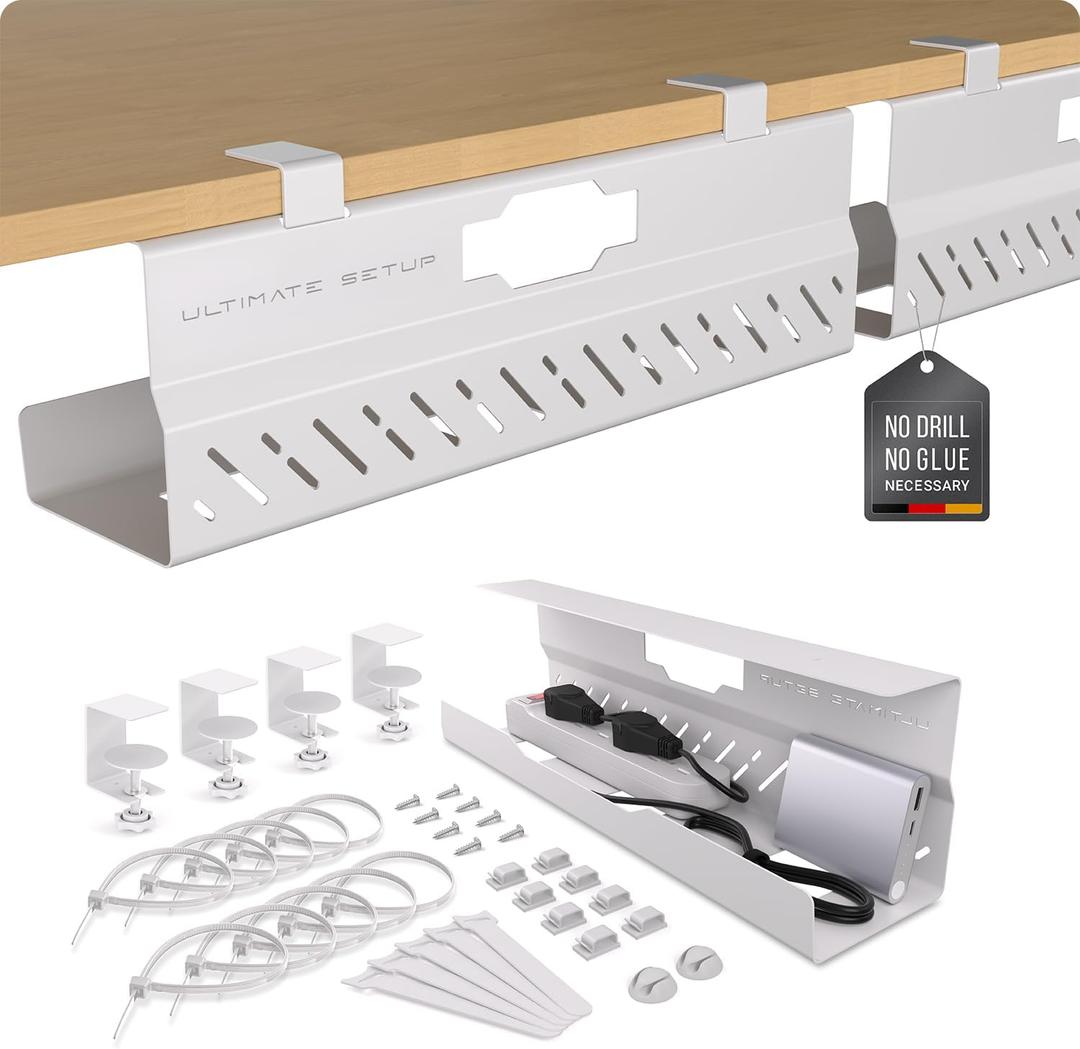 Under Desk Cable Management Tray no Drill  Wire Management - Cord Organizer  Huge Load Capacity  Under Desk Cable Tray no Drill (White, 2 Pieces Set)