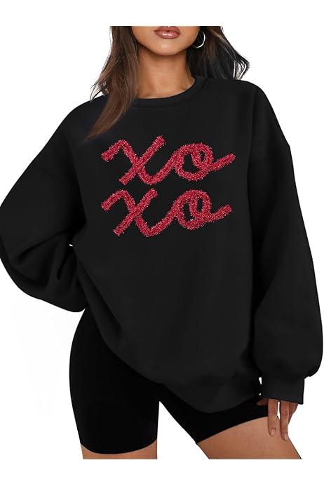 Valentines Sweatshirt Women Valentine Shirts: Oversized Embroidered Crewneck Tops Holiday Long Sleeve Outfits (Medium, Black)