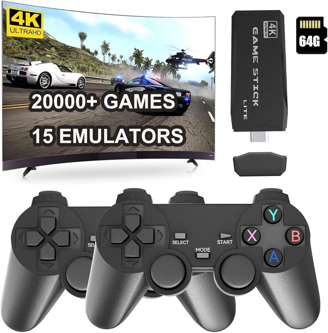 SHEPUDRUC Wireless Retro Handheld Game Console, Game Console Stick Built-in 20000+ Plug-and-Play Video Games, Equipped with 18 Simulators, 4K HDMI Output and Dual 2.4G Controller（64GB Memory Card）