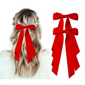 Red Hair Bows for Women - 2Pcs Silkly Satin Hair Ribbon Bow with Metal Clips Hair Accessories for Girls