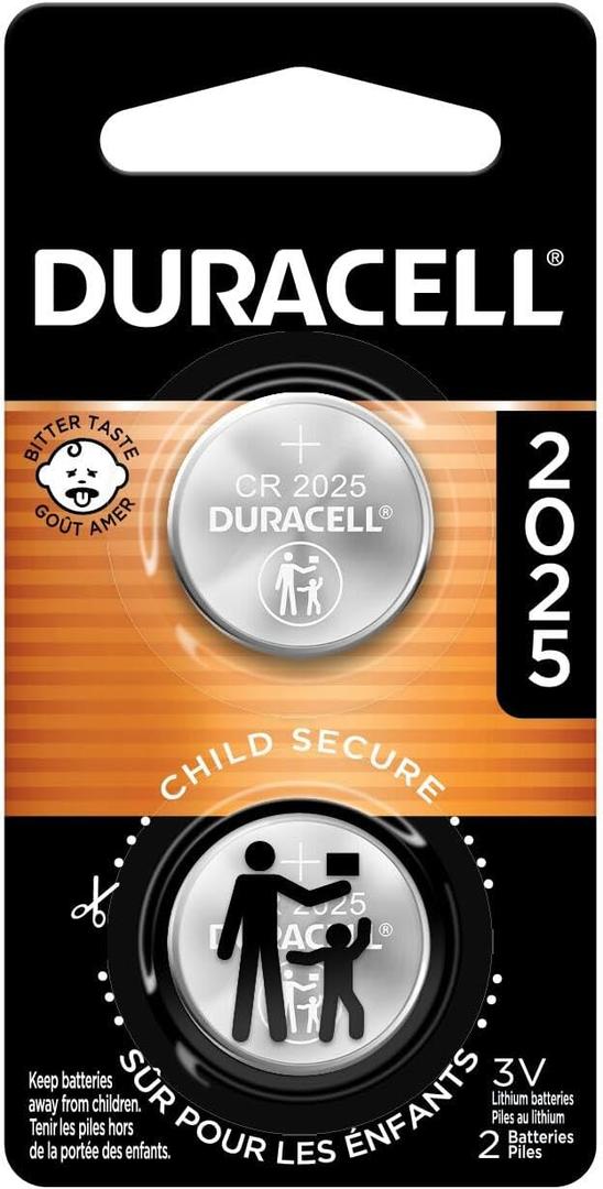 Duracell CR2025 3V Lithium Battery, Child Safety Features, 2 Count Pack, Lithium Coin Battery for Key Fob, Car Remote, Glucose Monitor, 3 Volt Cell