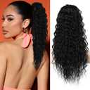Flufymooz Ponytail Extension, 22 Inch Bohemian Style Drawstring Ponytail Hair Extensions for Women, Long Curly Wavy Pony Tail Natural Synthetic Hairpiece for Women (22 Inch Natural Black)