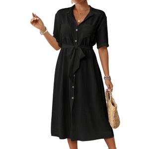 Bsubseach Swimsuit Coverup for Women Button Down Bathing Suit Cover Up with Tie Belt Long Maxi Beach Shirt Dress (Medium, Black)