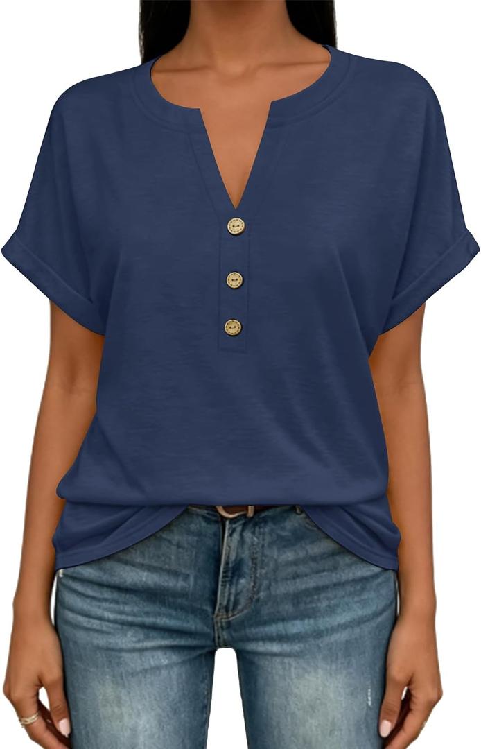 EyMuse Womens Summer Tops Spring Short Sleeve V Neck True Classic T Shirt Casual Cute Fashion Beach Vacation Clothes 2026 (L)
