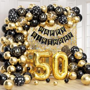 50th Birthday Decorations for Men Women with Happy 50th Birthday Decorations Banner 50 balloon number, Black and Gold 50th Birthday Balloons Kit for 50th Birthday Party Decorations