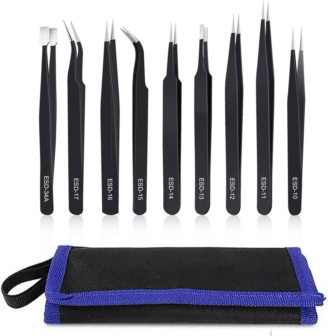 9PCS Precision Tweezers Set, Upgraded Anti-Static Stainless Steel of Tweezers, for Electronics, Soldering, Laboratory Work, Jewelry-Making, Model, Craft