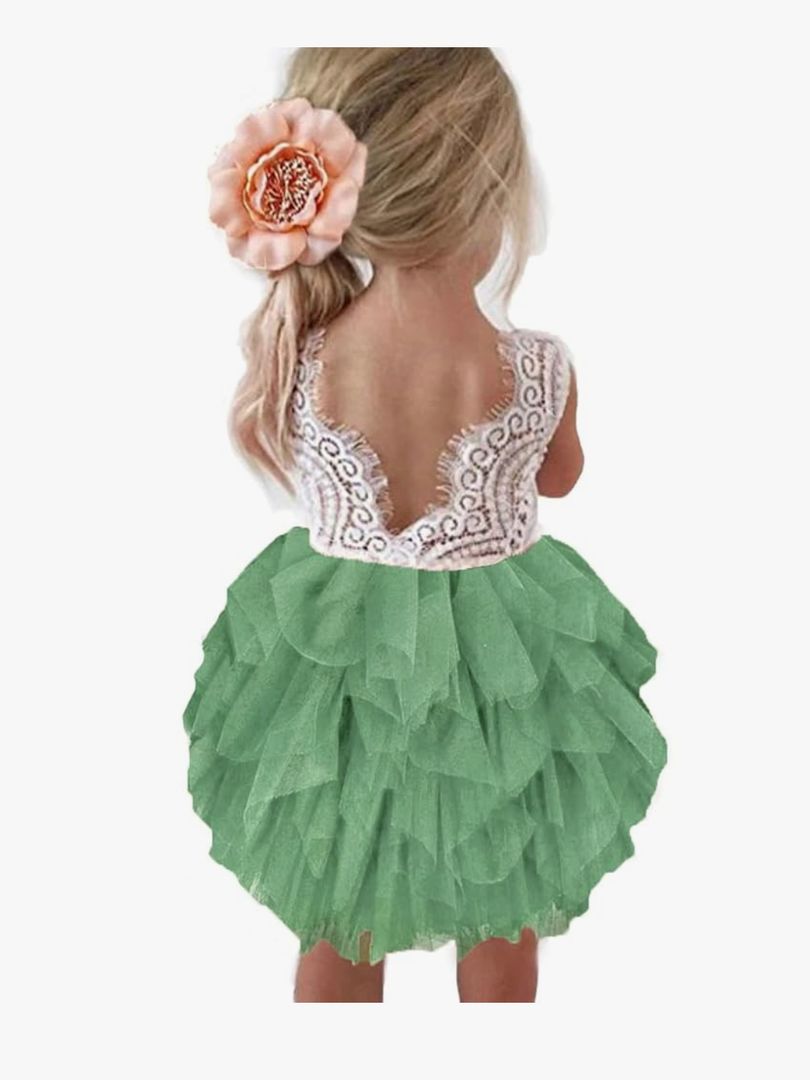 Topmaker Flower Girl Dress for Toddler Baby Girls – Lace Tulle Princess Dress for Wedding, Birthday Party, Photoshoot, Formal Events,Special Occasion (6-12 Month, White and Green)
