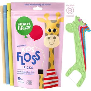 SmartLifeco Biodegradable* Kids Flossers - Unflavored Dental Floss Picks for Children, Fluoride & PFA Free, Straw Wheat Fun Animal Flossing Sticks for Toddlers Teeth, Eco Friendly Compostable*, 200x (12.5 Foot (Pack of 4))