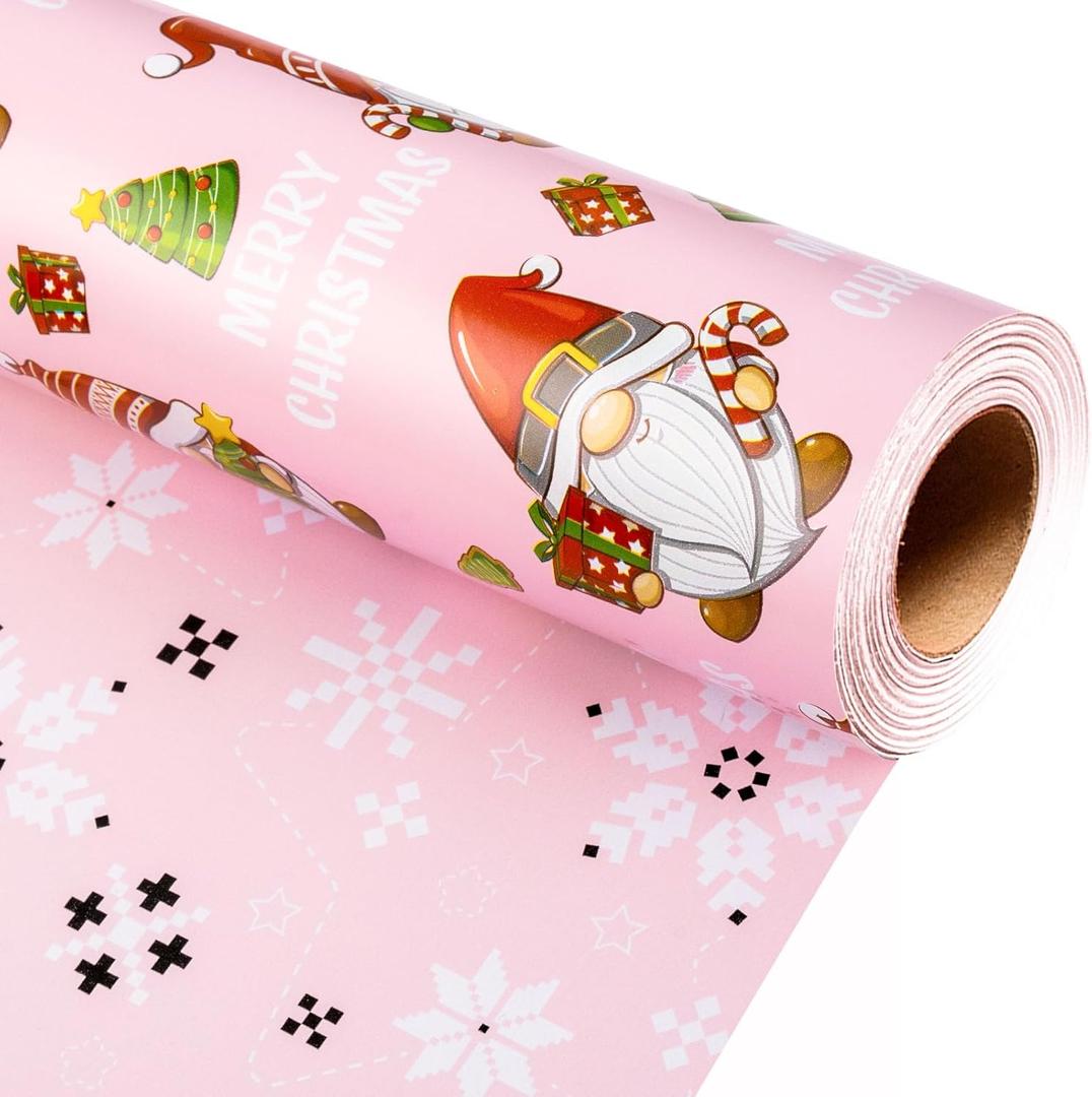 Retrify Christmas Wrapping Paper - 17 Inch x 32.8 Feet Mini Roll - Cute Red Green Gnome Snowflake Foil Girly Pink Gift Wrap Paper for Holiday Shower Party Celebration