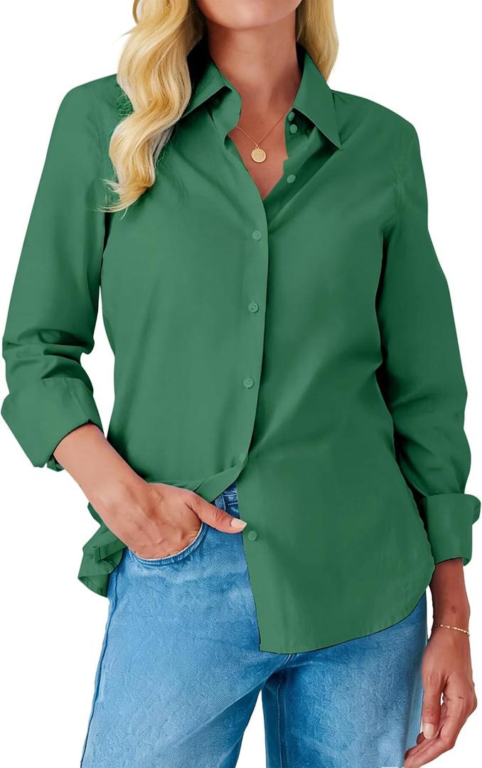 Button Down Shirts for Women Dress Shirt Long Sleeve Wrinkle Free Collared Blouse Work Business Office Solid Tops (Green, XXL)