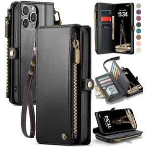 Defencase Compatible with iPhone 15 Pro Max Case Wallet with RFID Blocking Card Holder for Women Men, PU Leather Magnetic Snap Flip Zipper Strap Wallet Phone Case Fit for iPhone 15 Pro Max 6.7", Black