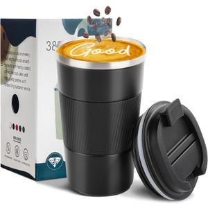 YINBAOGE Insulated Travel Coffee Mug, Spill & Leak Proof, Portable To Go Camping Stainless Steel Coffee Tumbler, Reusable Thermal Coffee Cup with Lid for Hot & Cold Drinks (Black, 17 OZ)