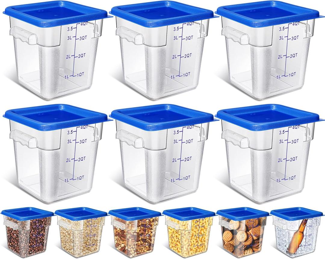 Yungyan 6 Pcs Commercial Clear Food Storage Containers 4 Qt Square Acrylic Airtight Food Storage Containers with Lids for Kitchen Restaurant Pantry Freezer Flour Sugar(Blue)