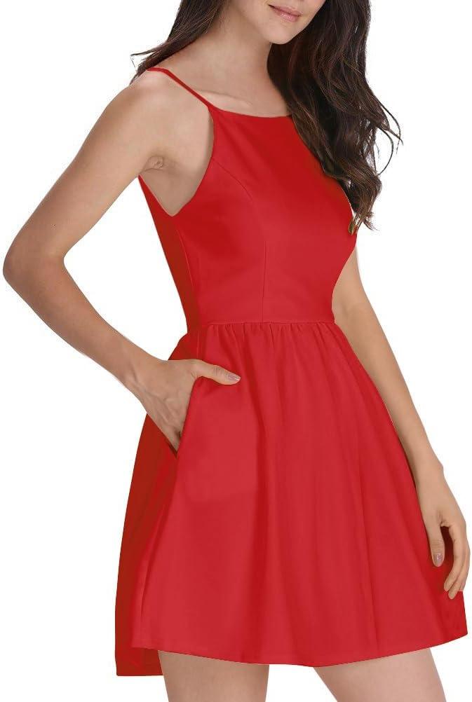 FANCYINN Women Short Dress Sexy Spaghetti Strap Backless Mini Casual Dress Halter Dresses Homecoming Dresses (Red, S)
