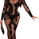 Women Long Sleeve Floral Fishnet Jumpsuit(Black, Small/Medium)