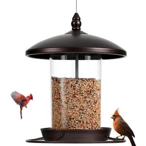 Metal Bird Feeder for Outdoors Hanging,3.0LB Seed Feeder,Easy to Fill & Clean,360° Feeding,Weatherproof Roof for Gardens and Wild Birds,Brown