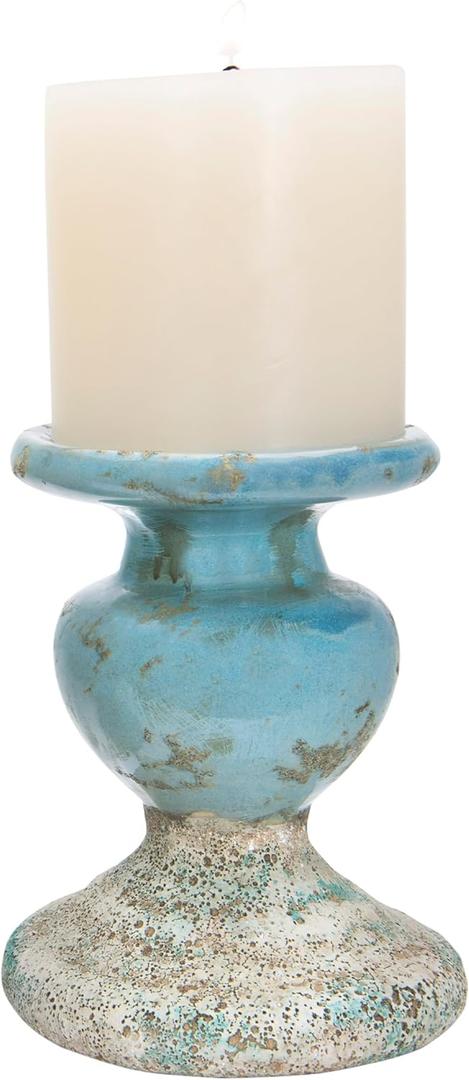 Creative Co-Op Large Distressed Blue Terracotta Pillar Candle Holder (5.5" W x 6.5" H)