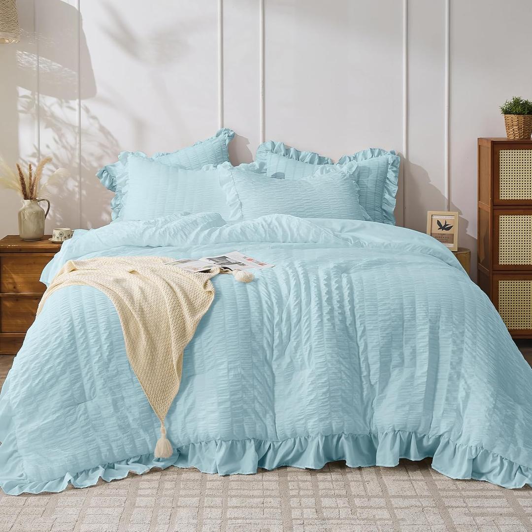 JOLLYVOGUE Light Blue Queen Comforter Set, 3 Pieces Seersucker Comforters Queen Size, Lightweight & Fluffy Bedding Sets for All Season with 1 Ruffle Comforter & 2 Ruffle Pillowshams