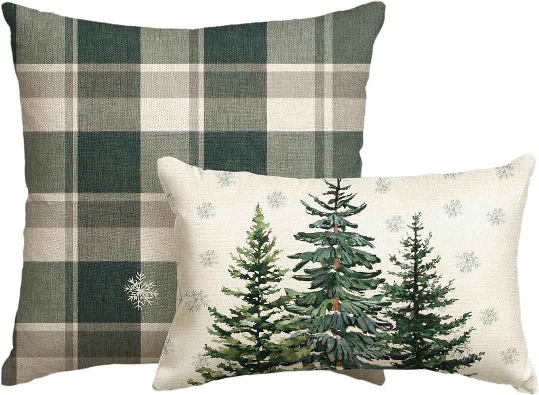 AVOIN colorlife Christmas Trees Snowflake Buffalo Plaid Throw Pillow Covers Set of 2, 12x20 and 18x18 Inch Winter Xmas Holiday Cushion Cases Decoration for Sofa Couch