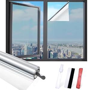 Window Film, Window Privacy Film with Free Installation Tools, One Way Daytime Privacy Window Film Static Cling Reflective Heat Control Window Tint for Home Office (Silver, 29.5 Inch X 6.5 Feet)