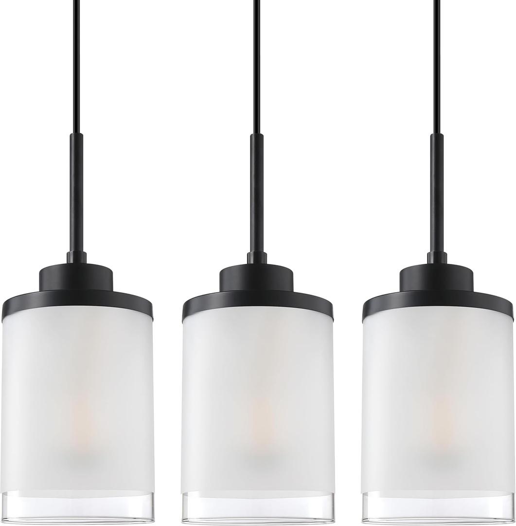 3 Pack 1 Light Modern Farmhouse Hanging Kitchen Island 4.7 Inch Clear Frosted Glass Shade Pendant Light Fixture,Black Finish for Kitchen Island Dining Room Bedside