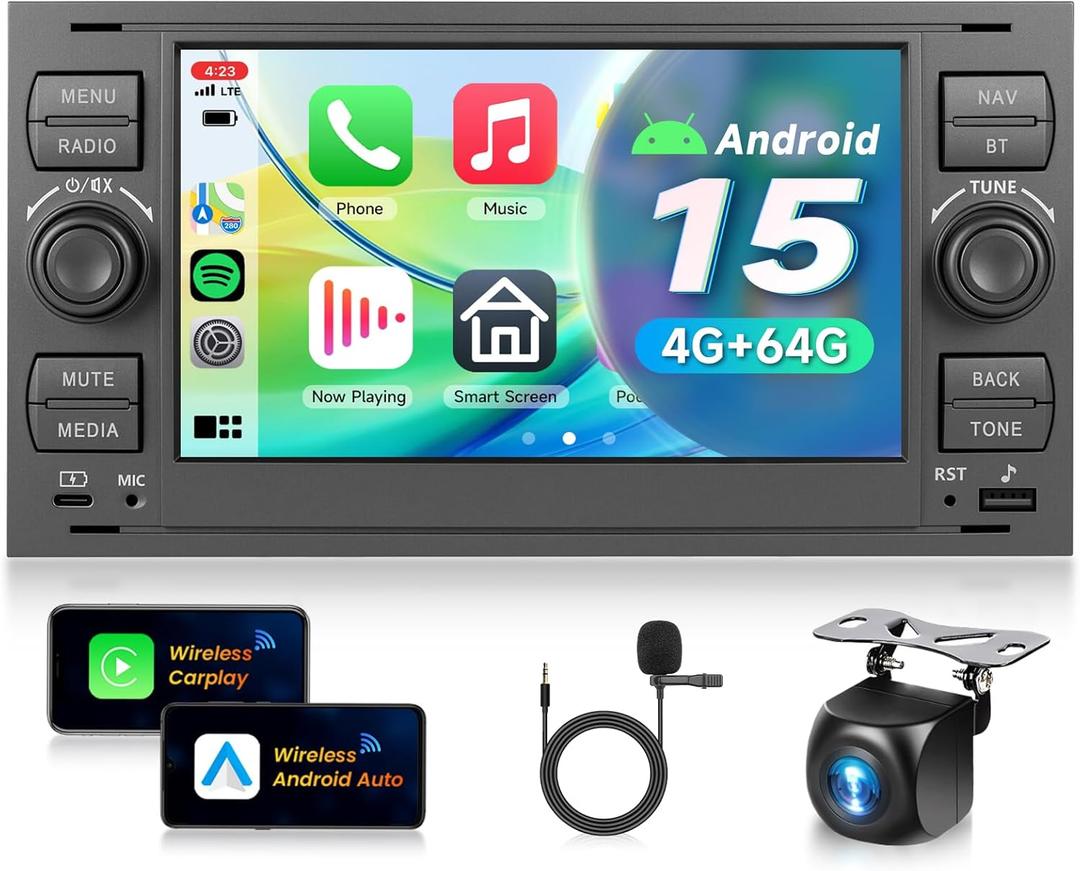 4G+64G Android 15 Car Stereo for Ford Focus 2005-2007 for Transit 2005 for Fiesta C-max Escape with Wireless Carplay Android Auto, 7 Inch Touch Screen GPS Bluetooth 5.0/EQ/SWC/Backup Camera