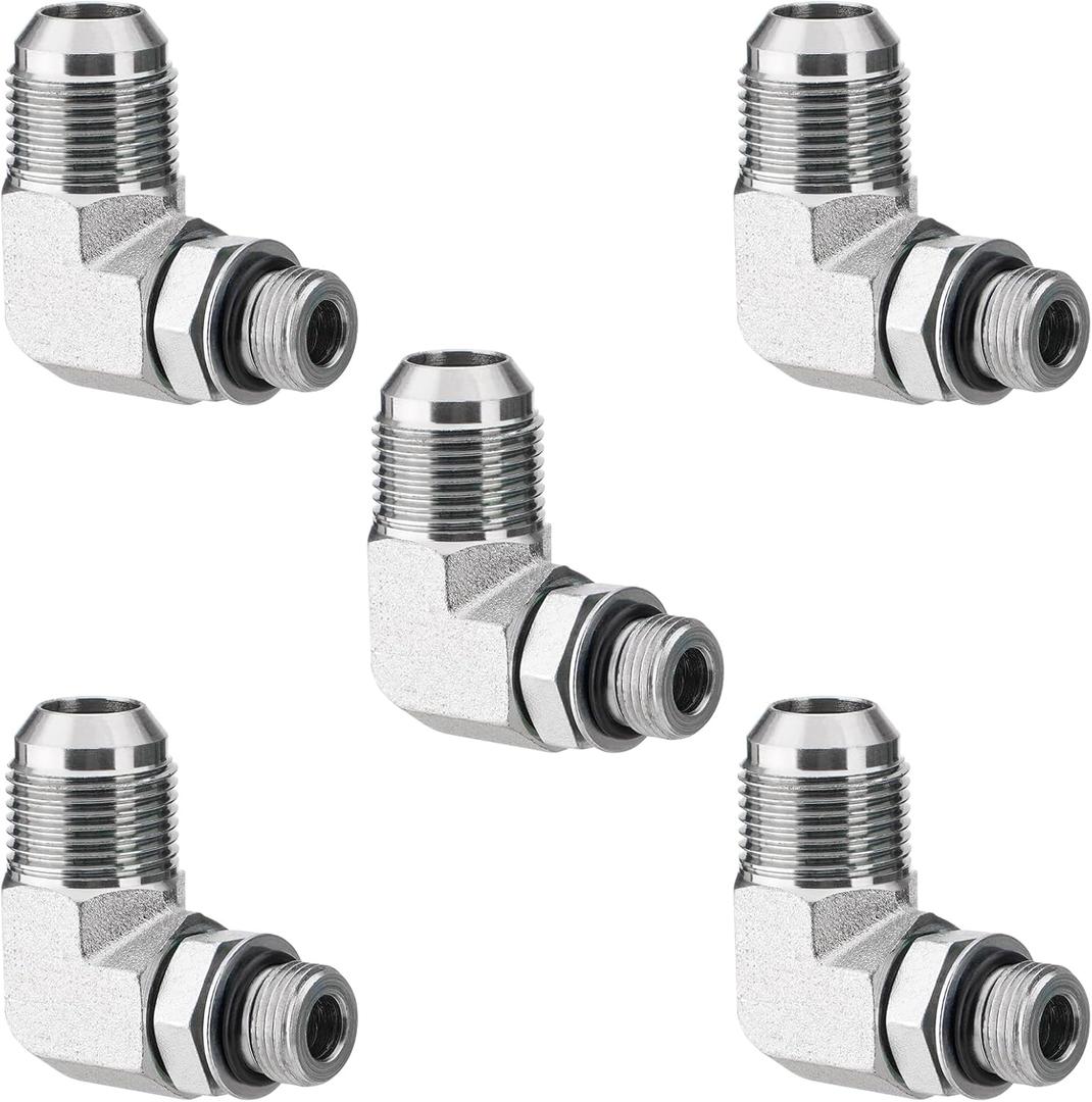 5 Pack 90 Degree Elbow Hydraulic Adapter Fittings: 3/4" JIC 37 Male x #8 SAE/ORB Male, Hydraulic Hose End Connectors with Protection Cover - 6801-12-08