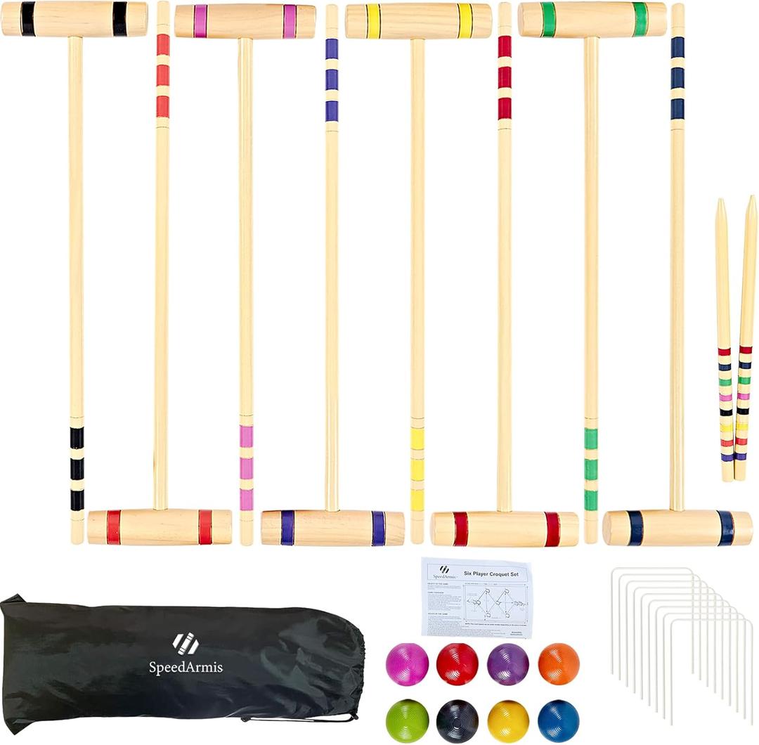 SpeedArmis 28In Croquet Party Set for 8 Players - Made of Long-Lasting Pine Wood, Family Fun for Backyards, Camping and More, Comes with Colorful Mallets, PE Balls, Wickets, Stakes, and Carrying Bag