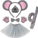 Rat Costume Set, Mouse Ears Headband, Tail, Animal Cosplay for Halloween, Role Play, Dress Up, Party Accessories (7pcs)