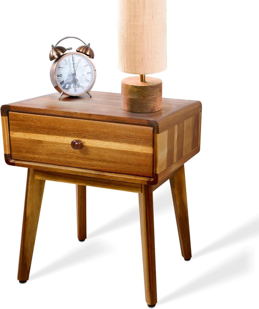 ENKEZI Small Mid Century Acacia Night Stand with Drawer Dresser, Handcrafted Small Nightstand, Space-Saving Bedroom Side Tables with Acrylic Coating, No Visible Nails
