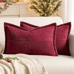 MIULEE Christmas Decorative Lumbar Throw Pillow Covers for Couch Bed Livingroom 12x20 Inch Set of 2 Burgundy Boho Accent Throw Pllows Broadside Striped Patchwork Soft Corduroy Pillowcases