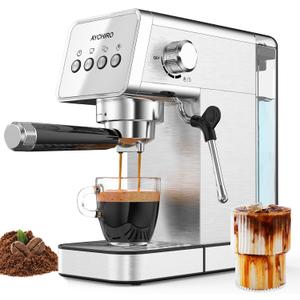 Espresso Machine with Steam Milk Frother,20 Bar Stainless Steel Coffee Maker for Latte & Cappuccino,Detachable Water Tank/Drip Tray, Hot Water Function for Home & Office Use