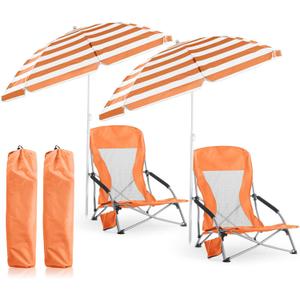 Huwena 2 Pack Beach Chairs with Umbrella for Adults, Low Folding Chair Set, Adjustable Detachable Umbrella, Lightweight Portable with Cup Holder & Carry Bag, for Beach Camping Travel(Orange)