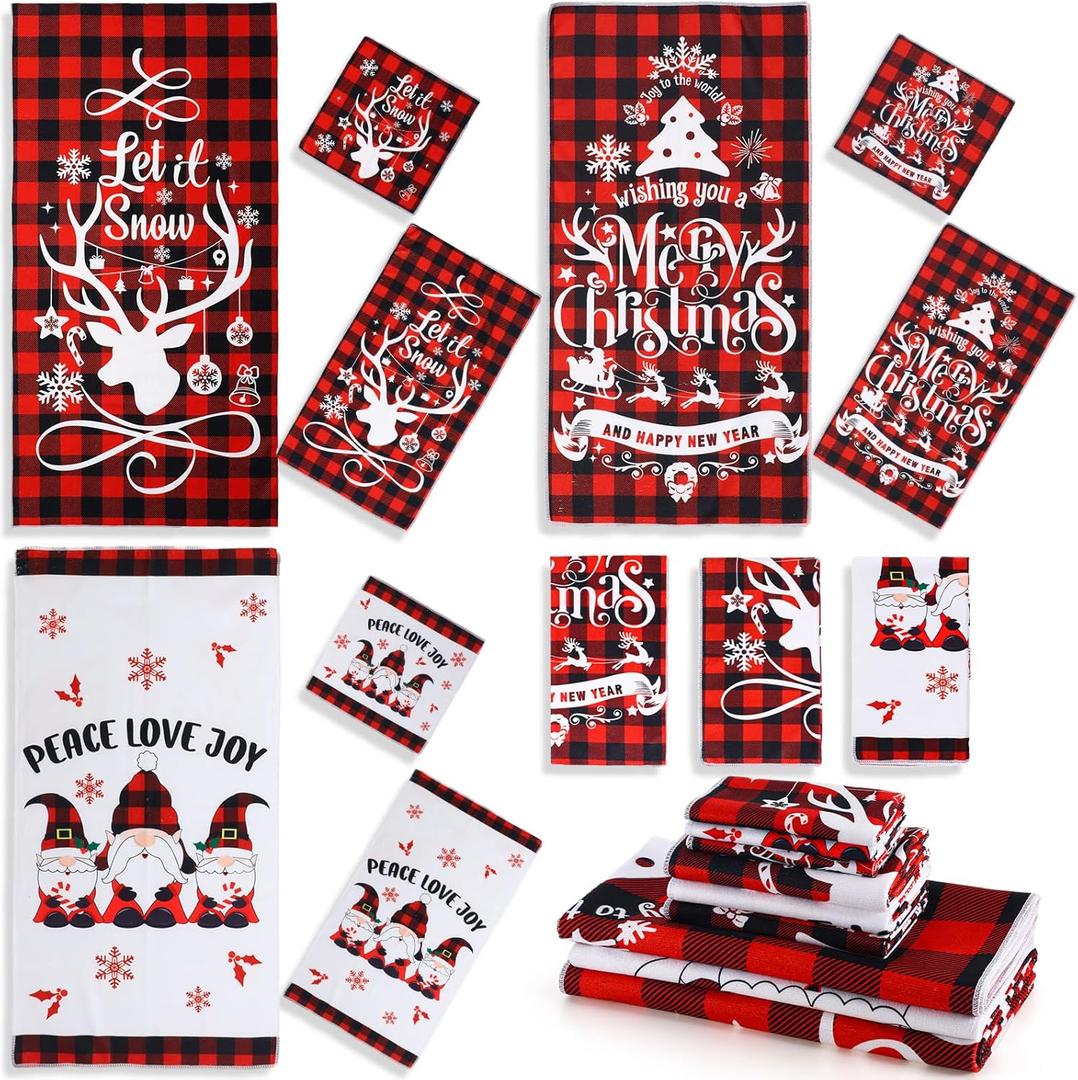 Newwiee 9 Pcs Christmas Bathroom Towels Set 3 Soft Buffalo Plaid Bath Towels 3 Decorative Square Towel 3 Absorbent Hand Towel, Assorted Sizes, for Xmas Decor Spa(Red,Gnome)