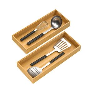 VeyFey Bamboo Drawer Organizer, Stackable Utensil Organizer for Kitchen, Bamboo Storage Box Wood Silverware Tray for Drawer 15" x 6" x 2" Set of 2 (Black)