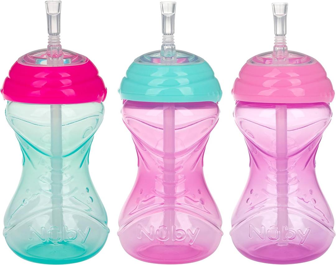Nuby 3 Piece No-Spill Easy Grip Cup with Flex Straw, Clik It Lock Feature, Girl, 10 Ounce (Pink, Magenta & Aqua)