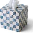 5.7" Square Tissue Box Cover, Handmade Checkered Cube Tissue Box Cover with Capiz Shells, Decorative Tissue Holder for Living Room, Bathroom, Bedroom or Office (Navy Blue)