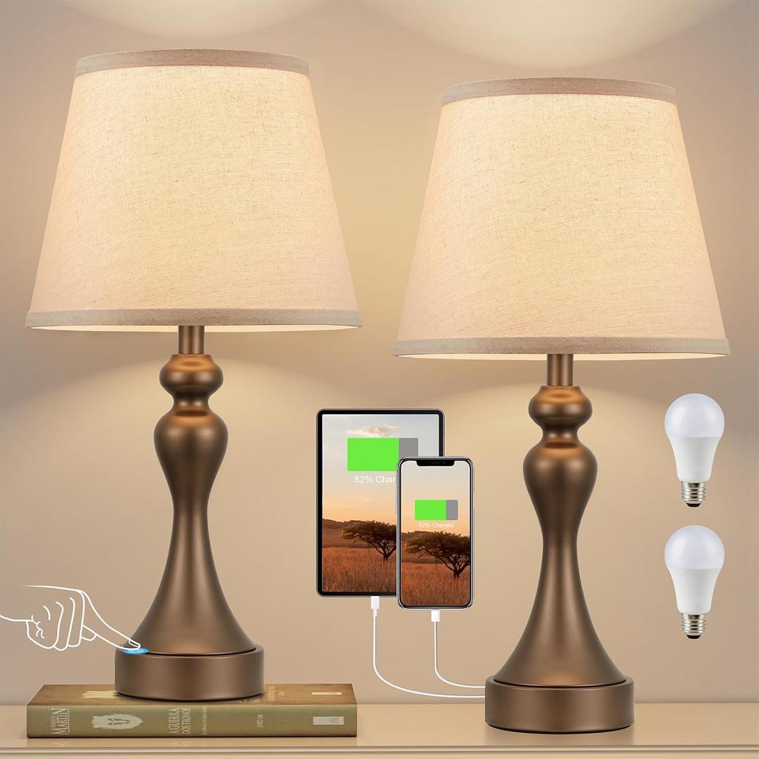 Seealle Touch Lamps for Nightstand - Bedside Lamps Set of 2, 3 Way Dimmable, USB C+A for Bedroom & End Tables (Brown&Oat)