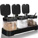 JEPELUS 3 Pcs Condiment Jar Spice Container with Lids and Spoons, Clear Square Salt and Sugar Container Sets, Seasoning Box Caddy Canisters for Kitchen Toppings Masala Box (Black)