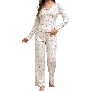 SweatyRocks Women's Floral Pajama Set Ruched Long Sleeve Top and Pants Pjs Set Sleepwear Loungewear (White, XL)