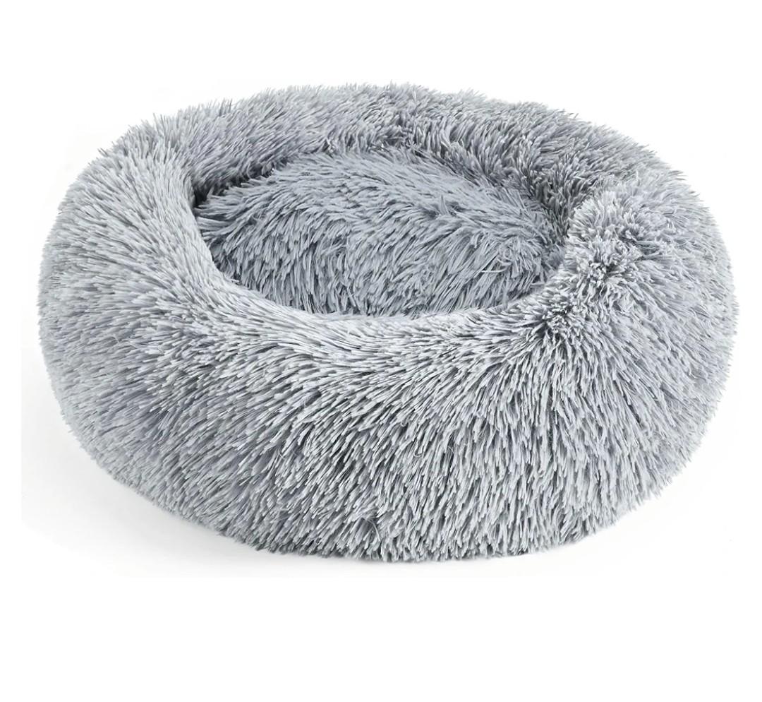 28in Large Dog Bed, Medium Size Dog and Cats, Calming Donut Bed for Puppy and Kitten, Washable Round Fluffy Pet Bed (Light Grey)