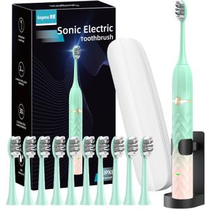 Sonic Electric Toothbrush Set, Equipped with 10 Brush Heads and Travel Case, IPX8 Waterproof, 2-Minute Timer, 42000 High-Frequency Vibrations, 5 Modes, The First Choice for Gift Giving, Green Pink