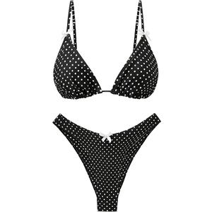 seamoly Womens Bikini Sets 2026 Padded Open Back 2 Piece Bathing Suits Retro Cheeky High Cut Thong Swimsuit Black Polka Dot, L