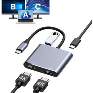 USB C to Dual HDMI Adapter, 4K@60Hz HDMI Splitter for Dual Monitors Extended Display, 100W PD Charging, USB-A Port, Windows Supports Multi-Monitor with 3 Screens, macOS Limited to Mirror Mode (Grey)